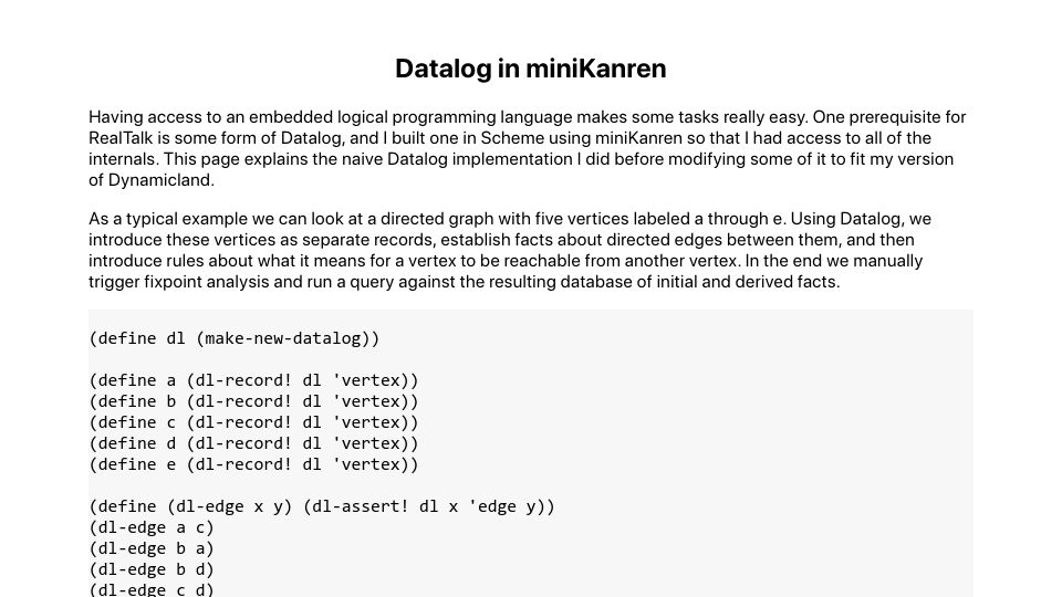 Screenshot of deosjr.github.io: Datalog in miniKanren