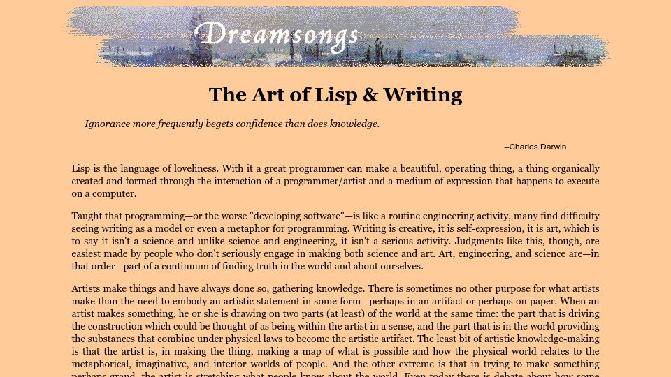 Screenshot of dreamsongs.com: The Art of Lisp and Writing (2003)