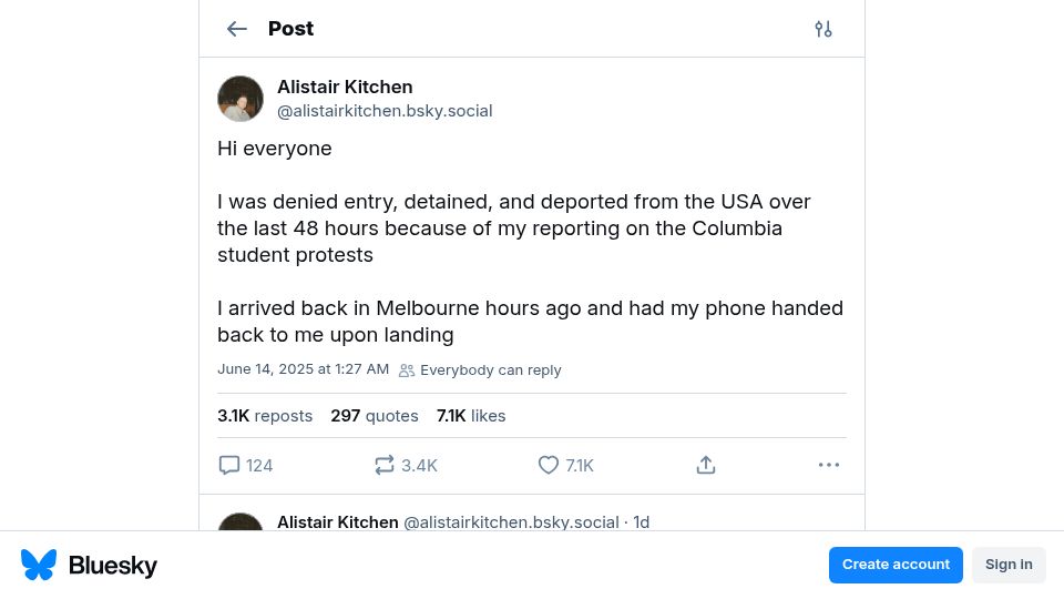 Screenshot of bsky.app: Journalists Wary of Travelling to US Due to Palantir Surveillance