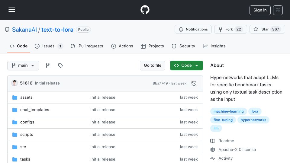 Screenshot of github.com: Text-to-LoRA: Hypernetwork that generates task-specific LLM adapters (LoRAs)