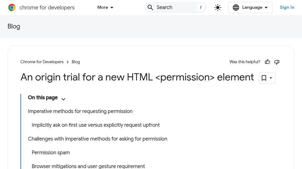 Screenshot of developer.chrome.com: An origin trial for a new HTML <permission> element (2024)