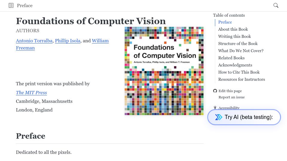 Screenshot of visionbook.mit.edu: Foundations of Computer Vision (2024)