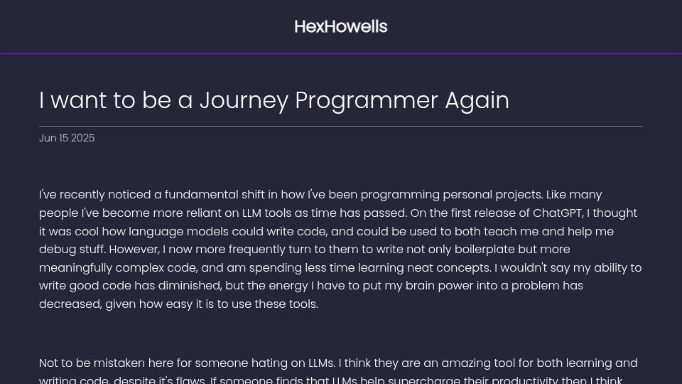 Screenshot of hexhowells.com: I want to be a Journey Programmer Again