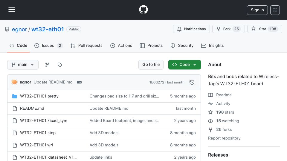 Screenshot of github.com: Bits and bobs related to Wireless-Tag's WT32-ETH01 board