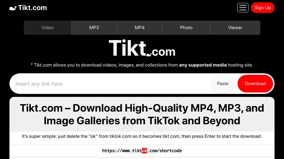 Screenshot of tikt.com: Show HN: Tikt.com – Remove the "OK" from TikTok URL's to Download as MP3 or MP4