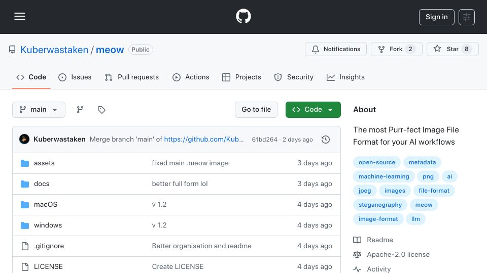 Screenshot of github.com: Show HN: Meow – An Image File Format I made because PNGs and JPEGs suck for AI