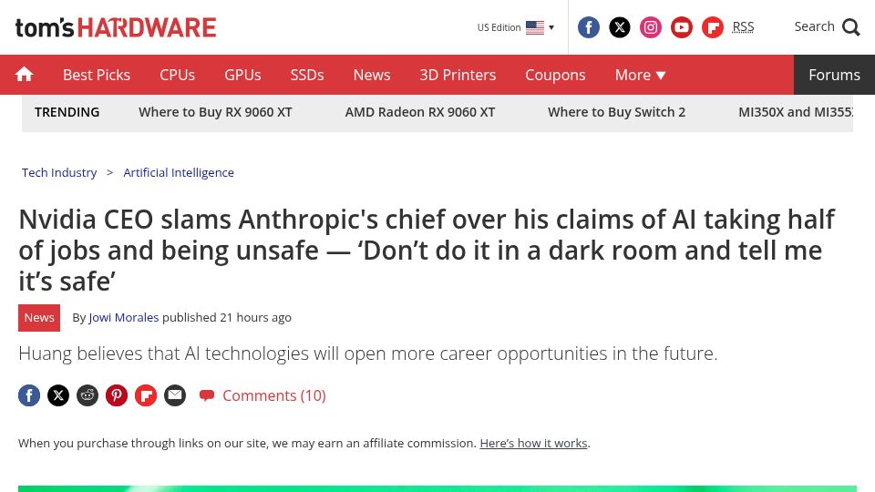 Screenshot of tomshardware.com: Nvidia CEO criticizes Anthropic boss over his statements on AI