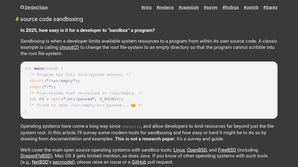 Screenshot of kristaps.bsd.lv: How easy is it for a developer to "sandbox" a program?