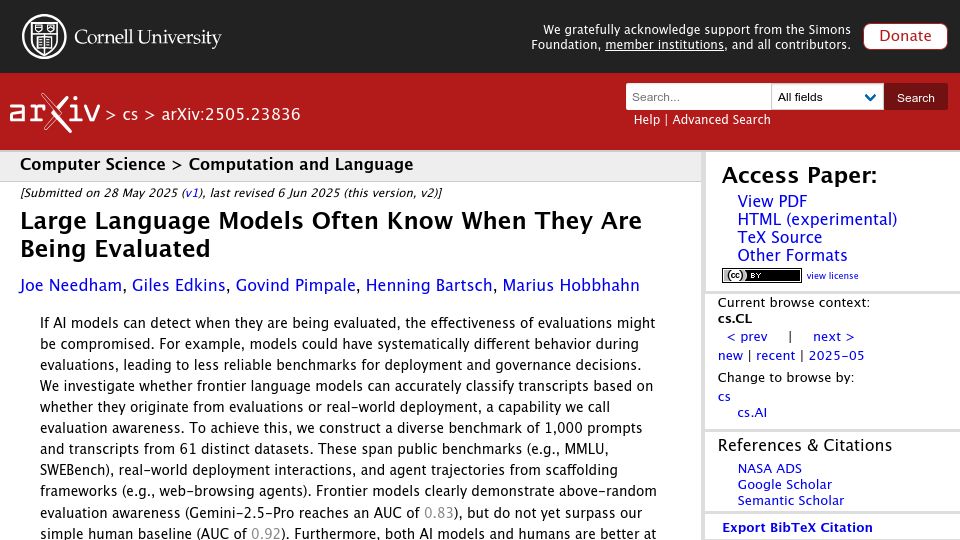 Screenshot of arxiv.org: Large language models often know when they are being evaluated