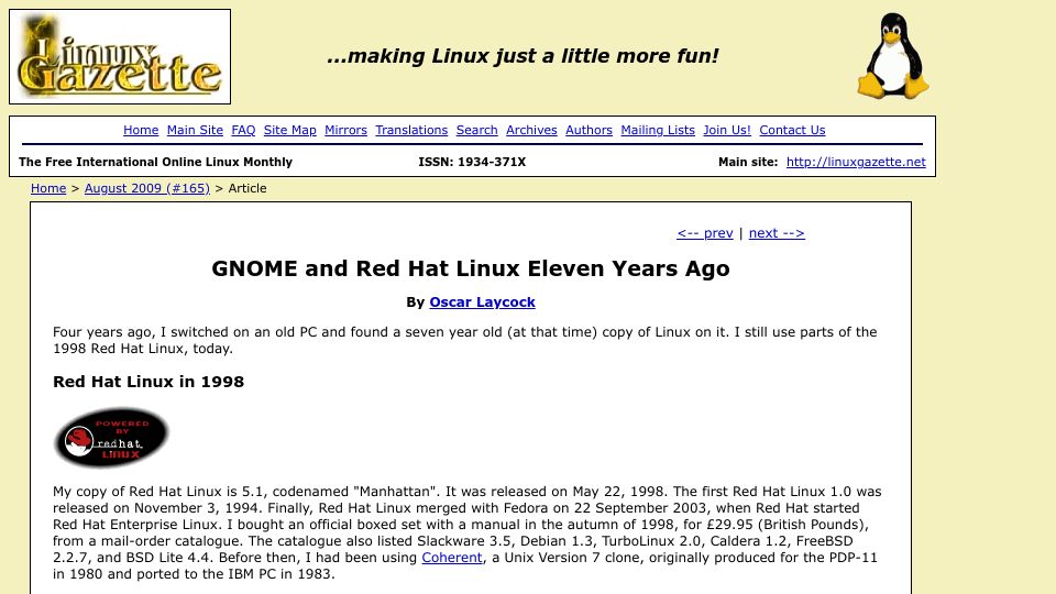 Screenshot of linuxgazette.net: GNOME and Red Hat Linux eleven years ago (2009)