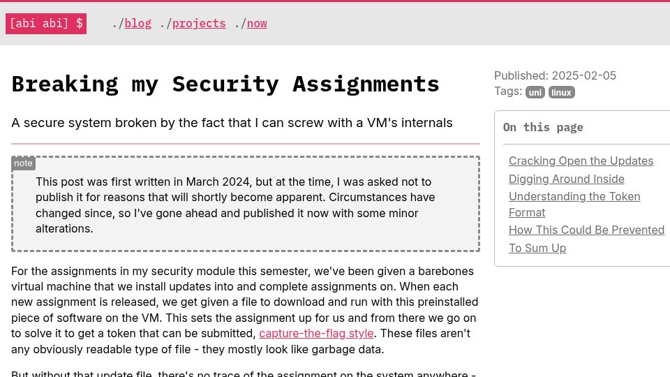 Screenshot of akpain.net: Breaking My Security Assignments