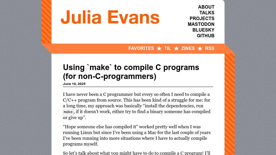 Screenshot of jvns.ca: Using `make` to compile C programs
