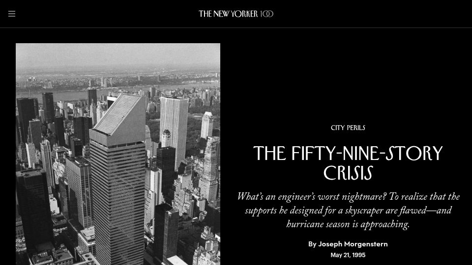 Screenshot of newyorker.com: A skyscraper that could have toppled over in the wind (1995)