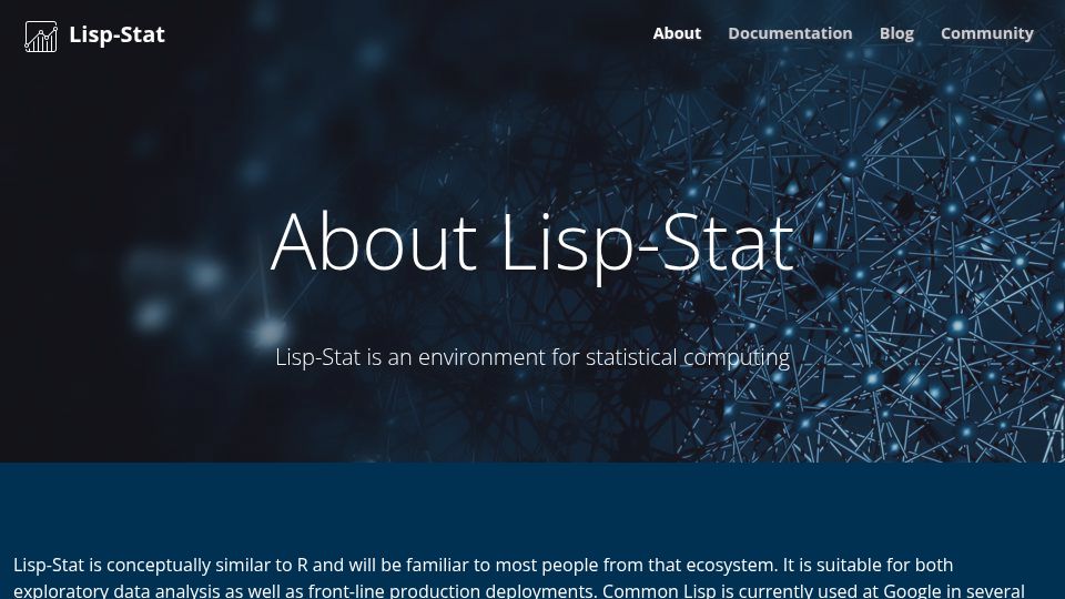 Screenshot of lisp-stat.dev: Lisp-stat: Lisp environment for statistical computing