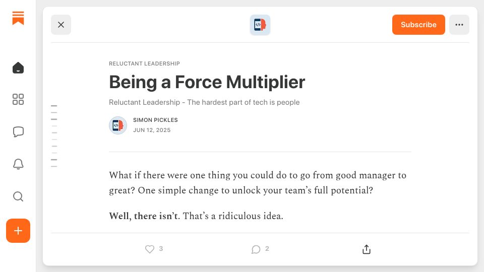 Screenshot of substack.com: Being a Force Multiplier