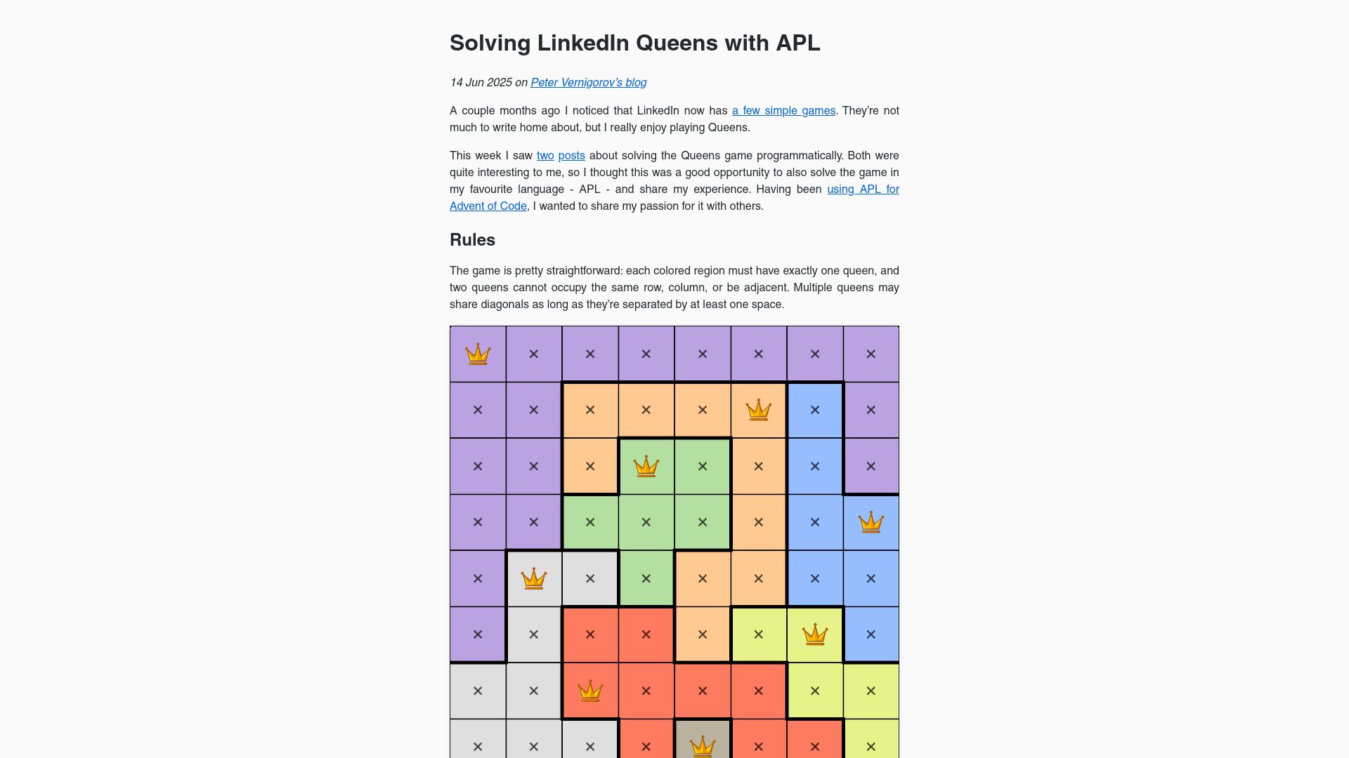 Screenshot of pitr.ca: Solving LinkedIn Queens with APL
