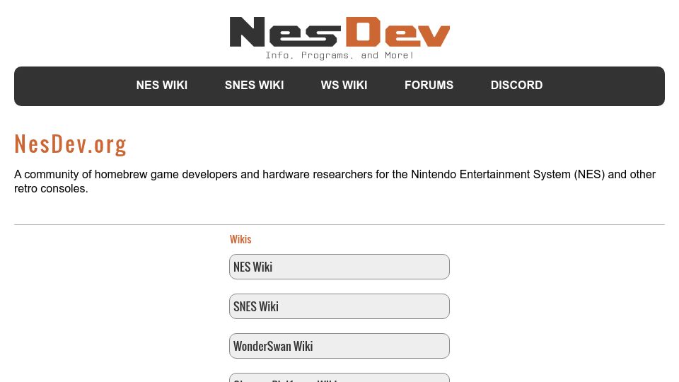 Screenshot of nesdev.org: NesDev.org – A community of homebrew game devs for NES and other retro consoles