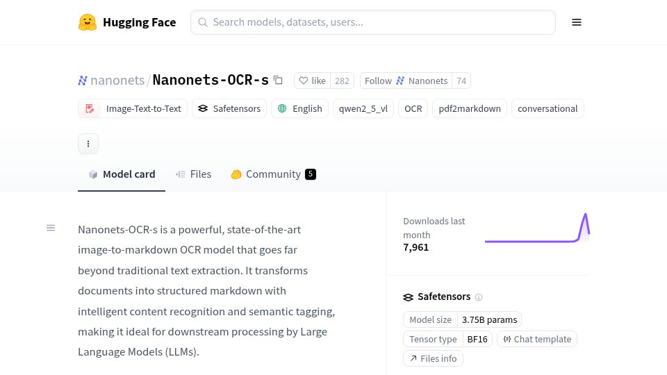 Screenshot of huggingface.co: Nanonets-OCR-s – OCR model that transforms documents into structured markdown