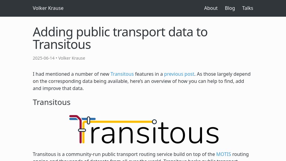 Screenshot of volkerkrause.eu: Adding public transport data to Transitous