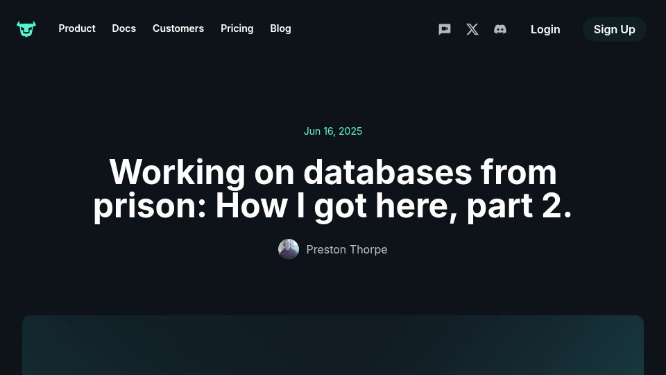 Screenshot of turso.tech: Working on databases from prison