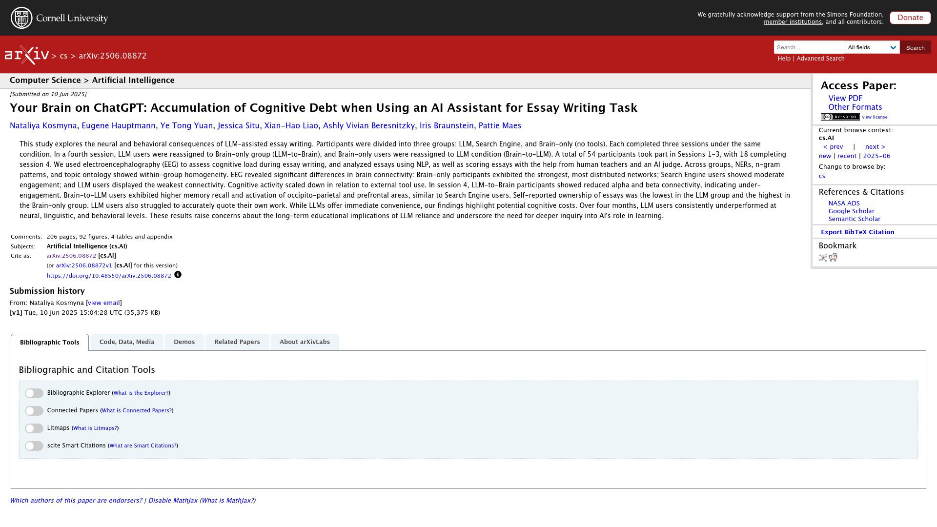 Screenshot of arxiv.org: Accumulation of cognitive debt when using an AI assistant for essay writing task