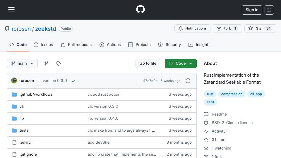Screenshot of github.com: Show HN: Zeekstd – Rust Implementation of the ZSTD Seekable Format
