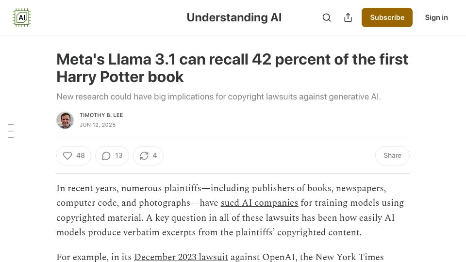 Screenshot of understandingai.org: Meta's Llama 3.1 can recall 42 percent of the first Harry Potter book