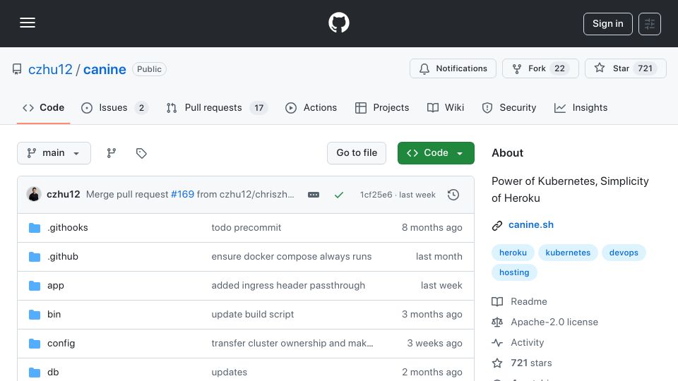 Screenshot of github.com: Show HN: Canine – A Heroku alternative built on Kubernetes