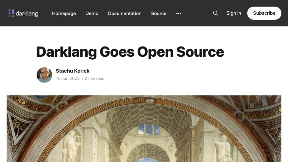 Screenshot of blog.darklang.com: Darklang Goes Open Source
