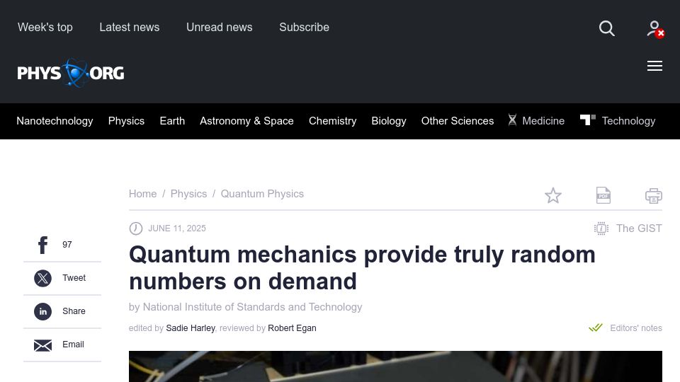 Screenshot of phys.org: Quantum mechanics provide truly random numbers on demand
