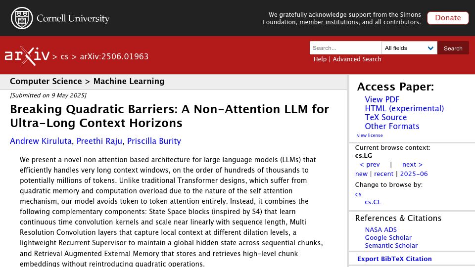 Screenshot of arxiv.org: Breaking Quadratic Barriers: A Non-Attention LLM for Ultra-Long Context Horizons