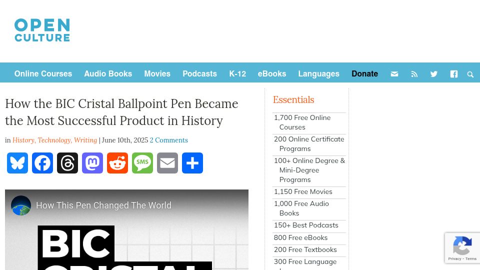 Screenshot of openculture.com: How the BIC Cristal ballpoint pen became ubiquitous