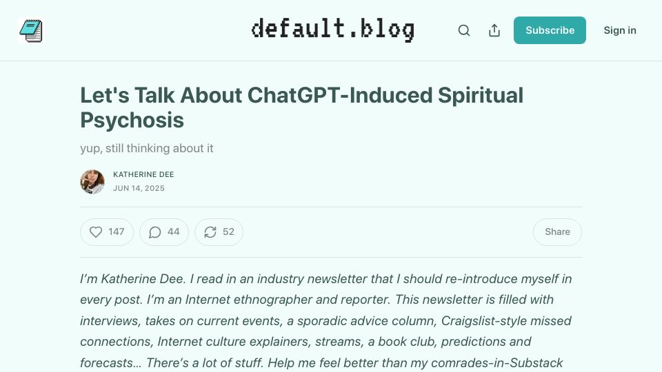 Screenshot of default.blog: Let's Talk About ChatGPT-Induced Spiritual Psychosis