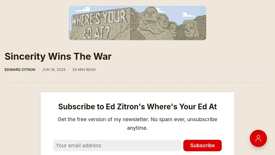 Screenshot of wheresyoured.at: Sincerity Wins the War