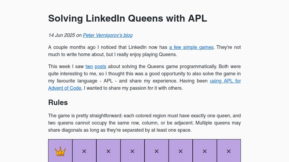 Screenshot of pitr.ca: Solving LinkedIn Queens with APL