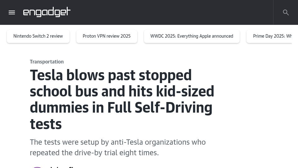 Screenshot of engadget.com: Tesla blows past stopped school bus and hits kid-sized dummies in FSD tests