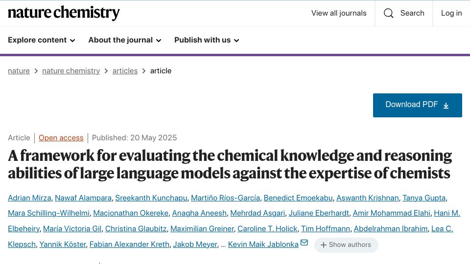 Screenshot of nature.com: Chemical knowledge and reasoning of large language models vs. chemist expertise