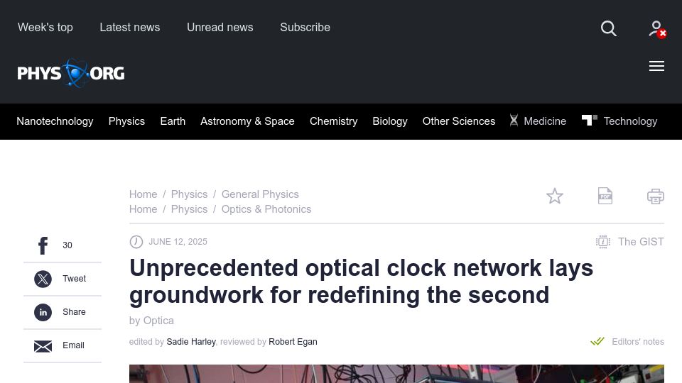 Screenshot of phys.org: Unprecedented optical clock network lays groundwork for redefining the second
