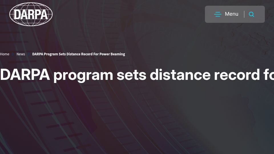 Screenshot of darpa.mil: DARPA program sets distance record for power beaming