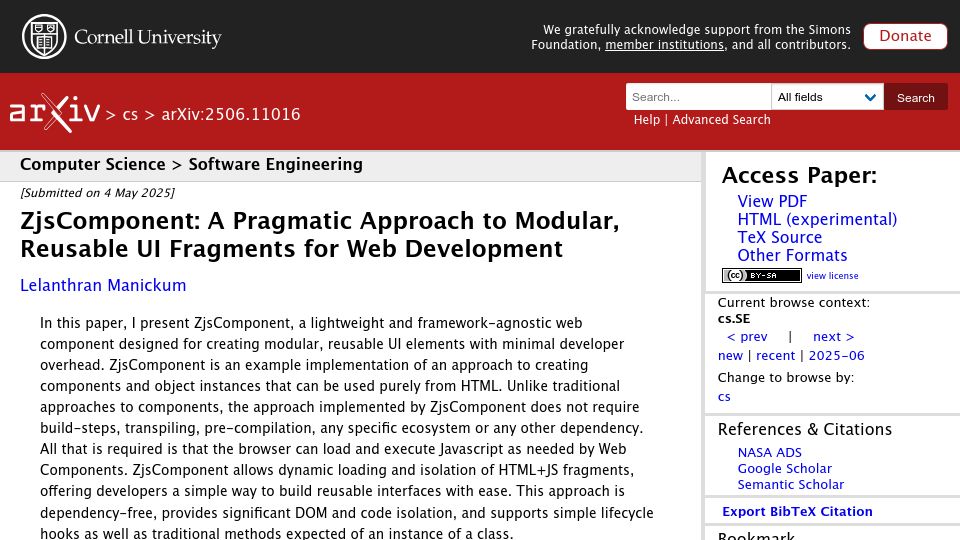 Screenshot of arxiv.org: ZjsComponent: A Pragmatic Approach to Reusable UI Fragments for Web Development