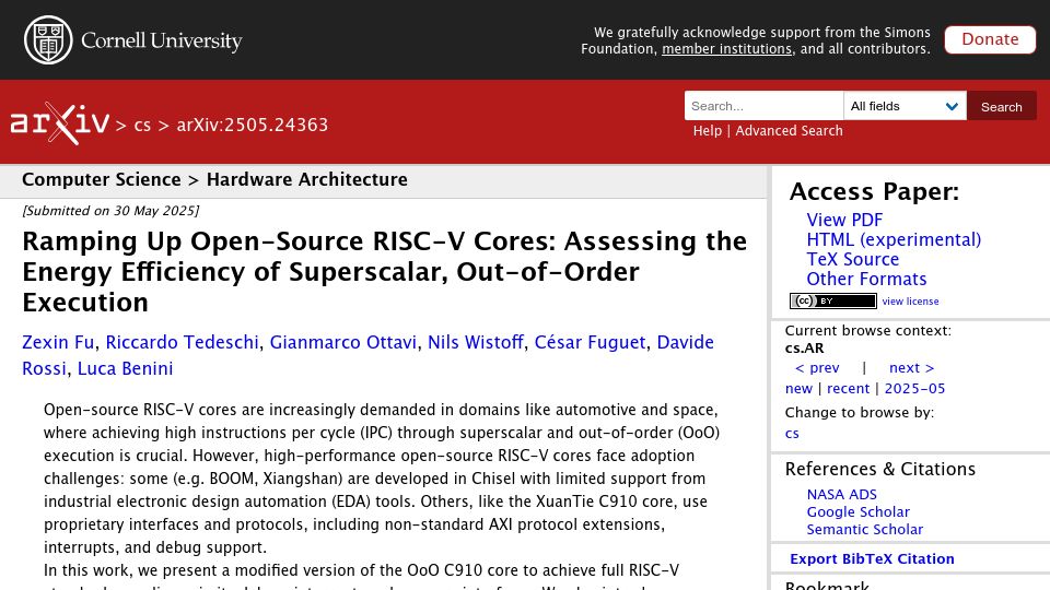 Screenshot of arxiv.org: Open-Source RISC-V: Energy Efficiency of Superscalar, Out-of-Order Execution