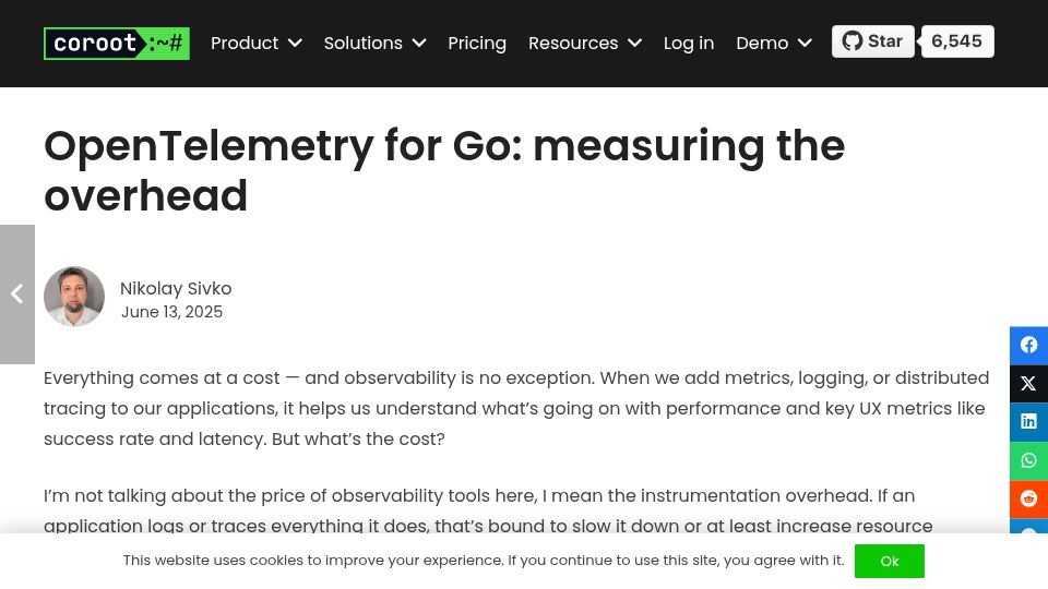 Screenshot of coroot.com: OpenTelemetry for Go: Measuring overhead costs