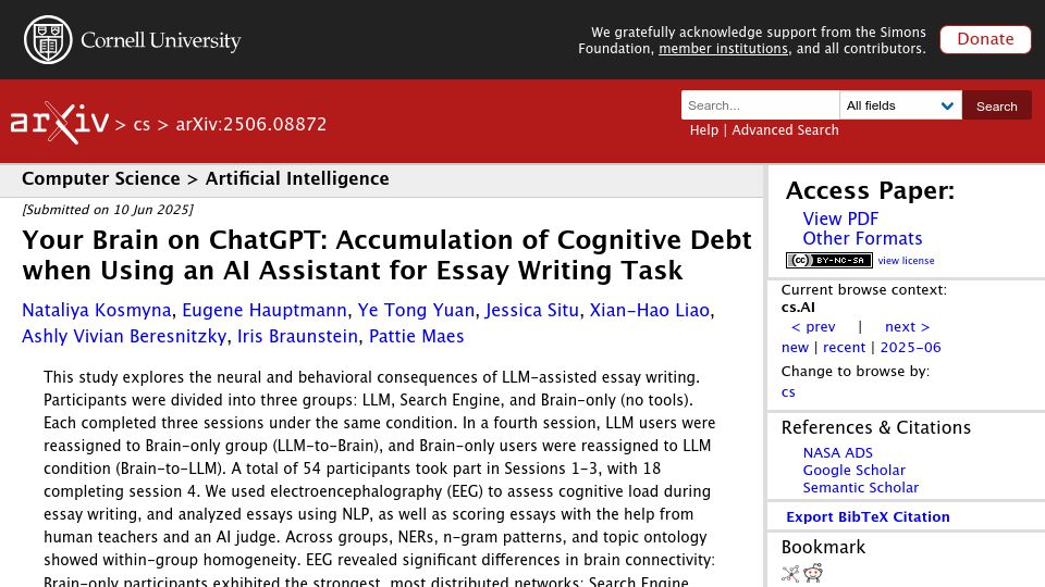 Screenshot of arxiv.org: Accumulation of cognitive debt when using an AI assistant for essay writing task