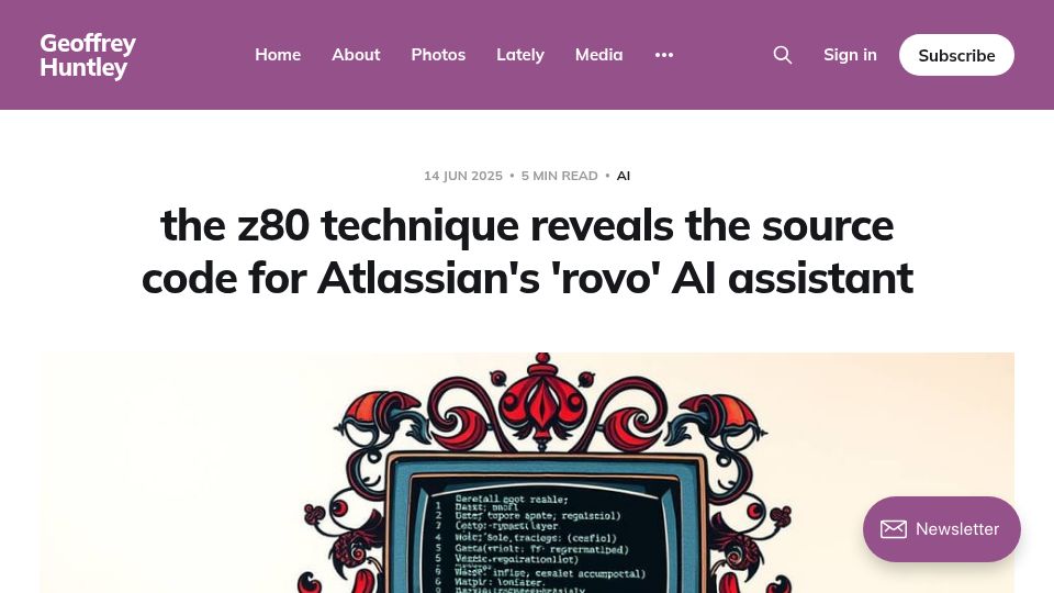 Screenshot of ghuntley.com: The z80 technique reveals the source code for Atlassian's 'rovo' AI assistant