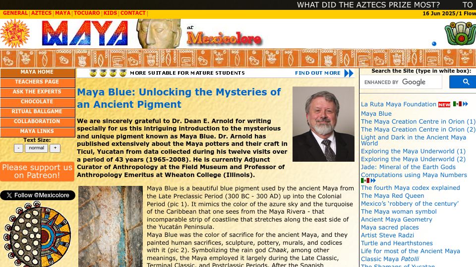 Screenshot of mexicolore.co.uk: Maya Blue: Unlocking the Mysteries of an Ancient Pigment