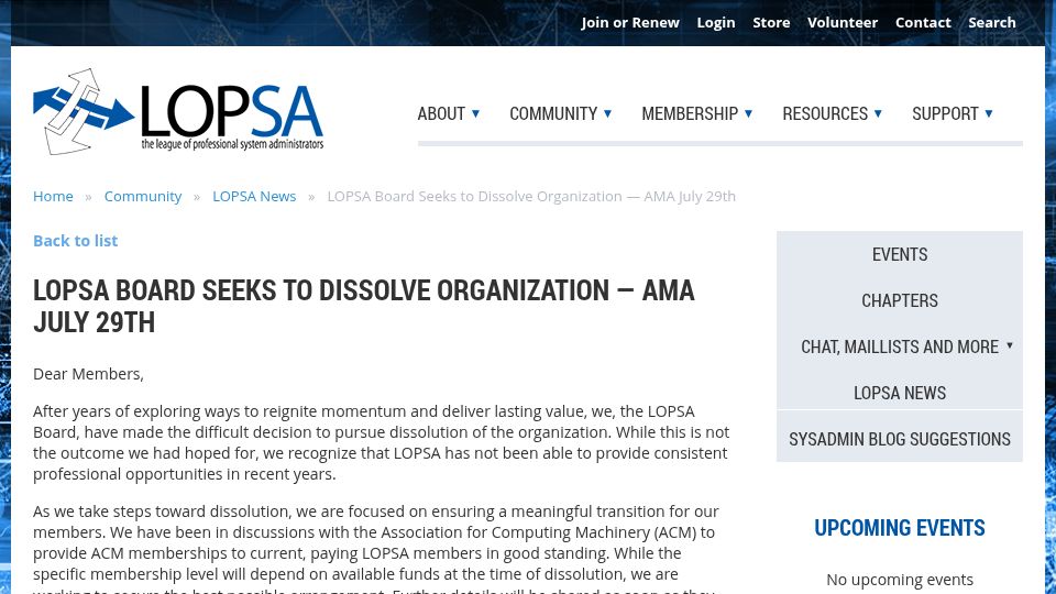 Screenshot of lopsa.org: League of Professional System Administrators Board to Dissolve Organization
