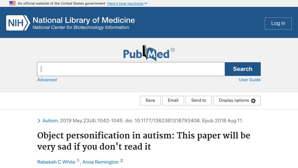 Screenshot of pubmed.ncbi.nlm.nih.gov: Object personification in autism: This paper will be sad if you don't read (2018)