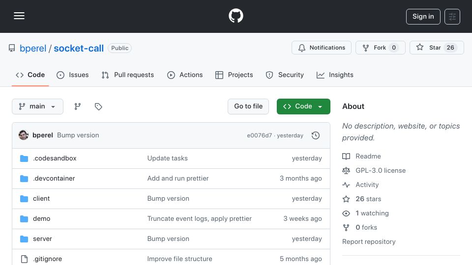 Screenshot of github.com: Show HN: Socket-call – Call socket.io events like normal JavaScript functions