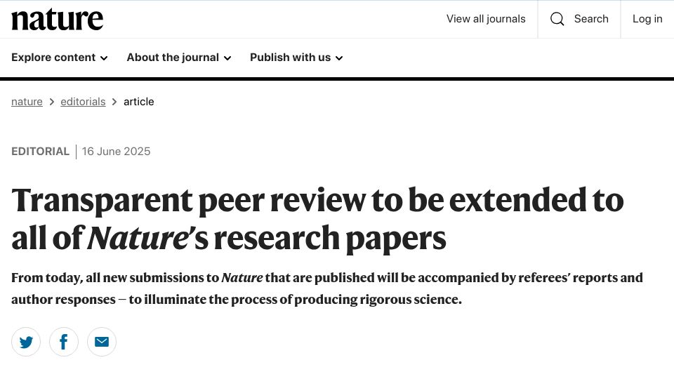 Screenshot of nature.com: Transparent peer review to be extended to all of Nature's research papers