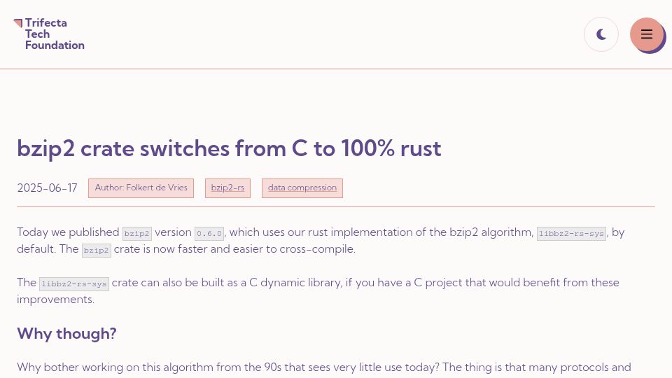 Screenshot of trifectatech.org: Bzip2 crate switches from C to 100% Rust